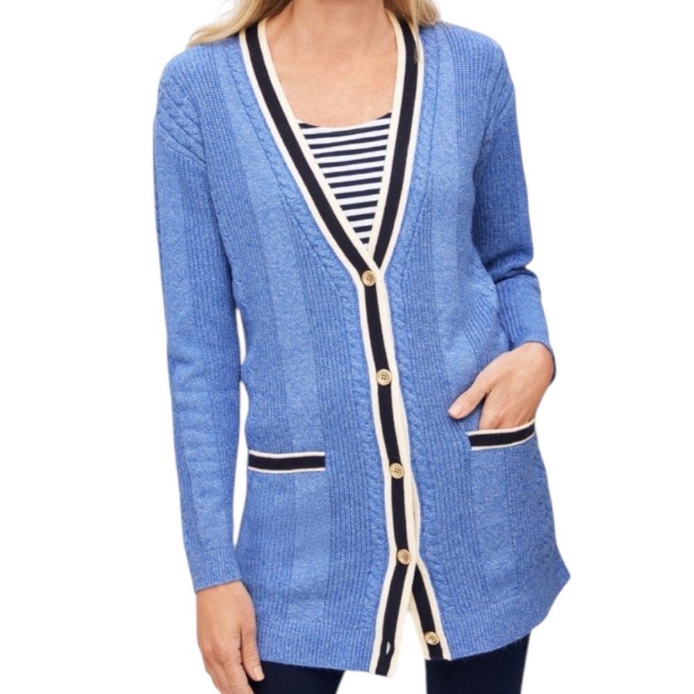 Talbots‎ Plus Cardigan Sweater Womens Blue Contrast Trim Button Front Classic